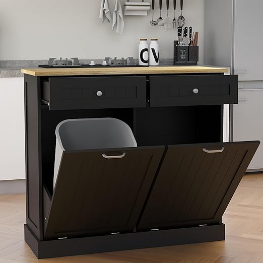 RASOO Double Tilt Out Trash Can Cabinet Freestanding Laundry Hamper Wooden Tabletop with 2 Drawers Kitchen Garbage Can for 10 Gallon, Black