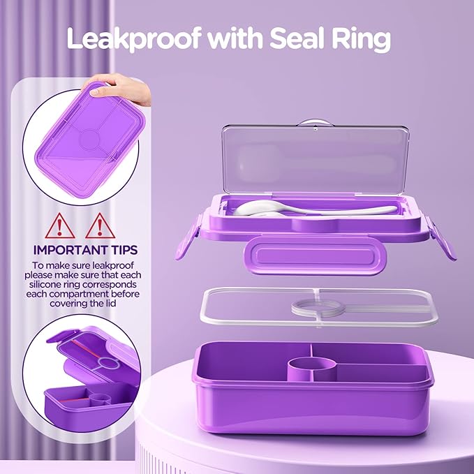 DaCool Lunch Box Kids Bento Box 7.5 Cups with 4-Compartment Leakproof BPA Free Toddler Girls Lunch Containers with Fork Spoon for Meal Snack School Picnic Travel, Microwave Dishwasher Safe, Purple