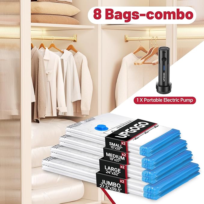 Vacuum Storage Bags with Portable Electric Pump,Vacuum Seal Bags for Clothing,Space Saver Bags,Vacuum Travel Bags for Luggage(Combo 8 Pack)
