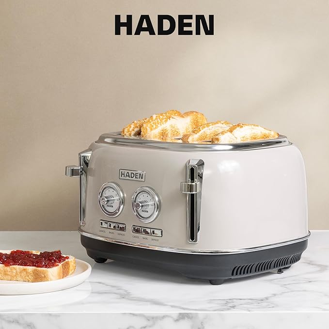 Haden Dorset 4 Slice Wide Slot Stainless Steel Toaster with Adjustable Browning Control & Non-Slip Feet, Putty & Chrome