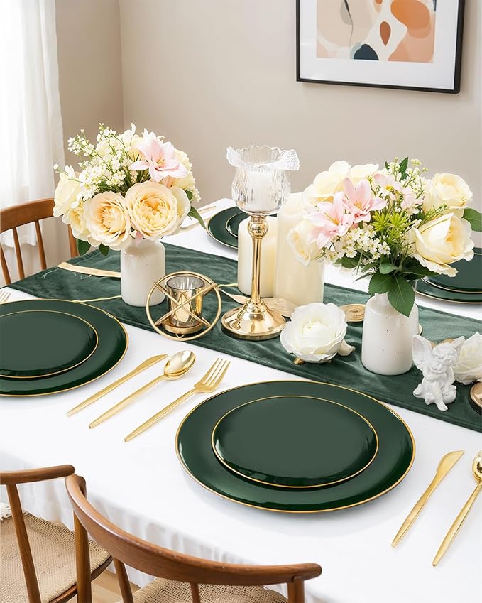 PULOTE 200PCS Green Plastic Plates - Heavy Duty Green Disposable Include 100 Each (10 inch Dinner & 7 inch Dessert) Plates for Christmas Party