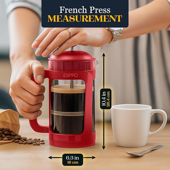 ESPRO Light P3 French Press Coffee Maker – Patented Double Micro-Filter for Grit-Free Brew, Heat Resistant thicker Borosilicate Glass Coffee press – (Red 32 oz)