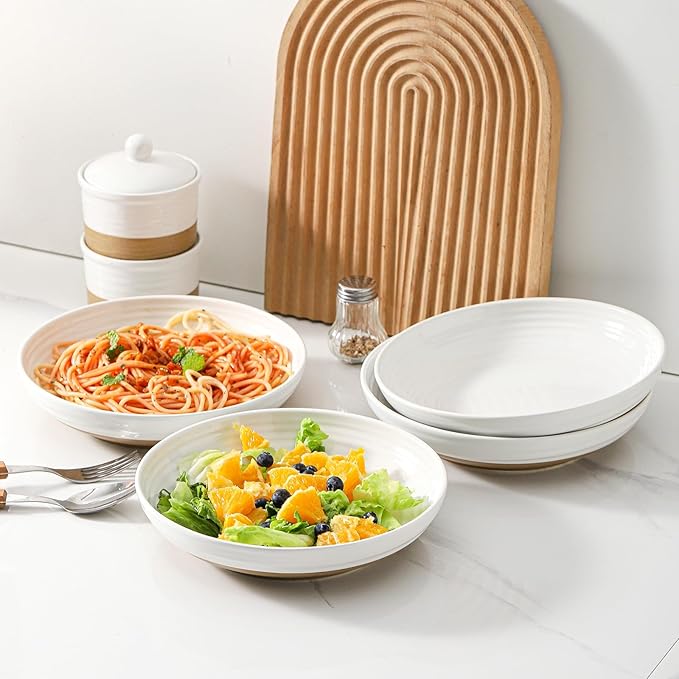 Hasense Pasta Bowls Set of 4, 8.7 Inch Ceramic Serving Bowls for Entertaining, 32 Oz Stackable Bowl Set for Soup, Pasta, Salad - Dishwasher & Microwave Safe, White
