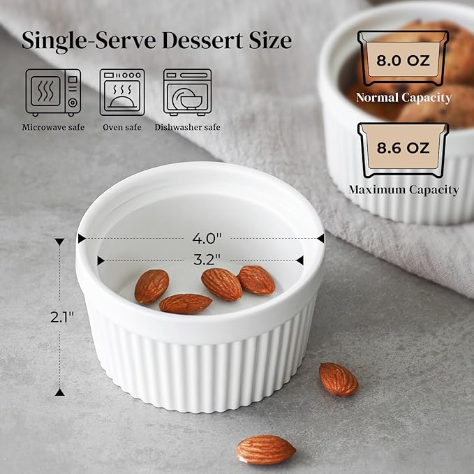 DOWAN 8 oz Ramekins Oven Safe for Creme Brulee, Souffle Dish Baking Bowls, Custard Cups for Pudding Dips Sauce Dessert Yogurt Ice Cream, Ceramic Ramiken Set of 6, Soft White