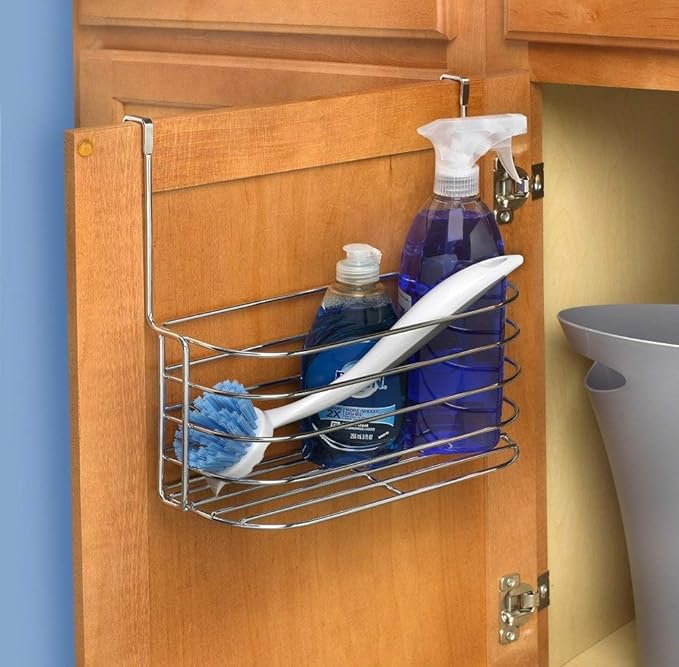 Spectrum Duo Over Cabinet Towel Holder and Cabinet Basket Medium for Kitchen Towel Under Sink Storage, Durable Steel Over the Cabinet Door Towel Bar Organizer with No Drill Installation, Chrome