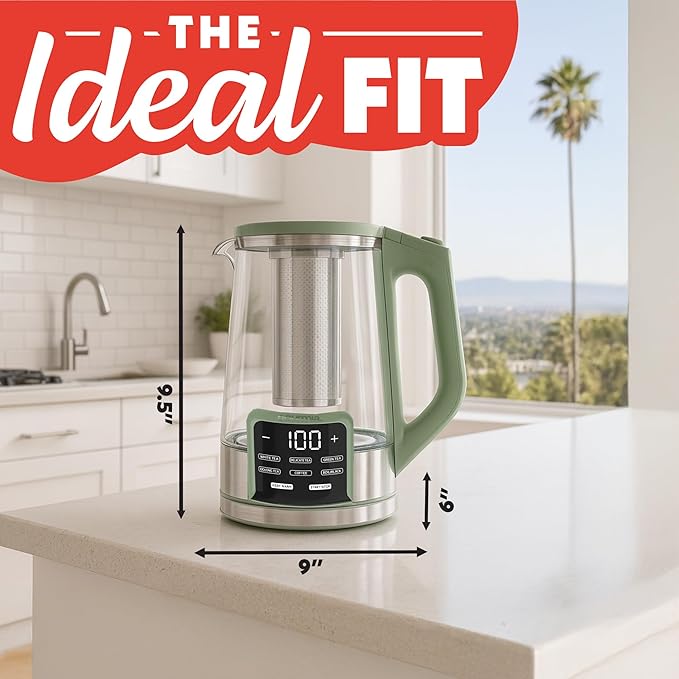 Gourmia Electric Glass Kettle – 1.7L Programmable Tea & Coffee Brewer with Digital Touch Display, 6 Presets, Removable Stainless Steel Infuser, Cordless with 360° Swivel Base, Green