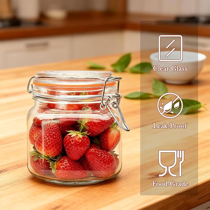 25 oz Glass Jars With Airtight Lids And Leak Proof Rubber Gasket,Wide Mouth Mason Jars With Hinged Lids For Kitchen Canisters 750ml, Glass Storage Containers 6 Pack