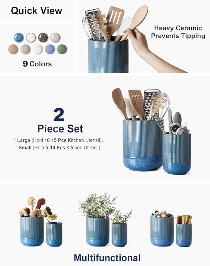 LE TAUCI Utensil Holder for Kitchen Counter, 7.3"+5.4" Fluted Ceramic Utensil Crock Organizer for Countertop, Heavy Large Holder for Spatulas, Spoons, Set of 2, Blue Marble