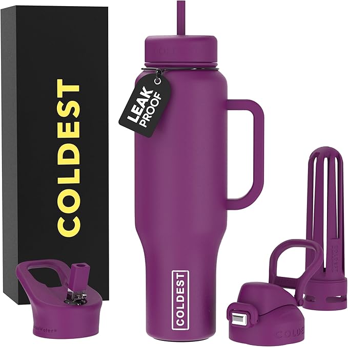 Coldest Tumbler with Handle and Straw - 100% Leak Proof Insulated Tumbler with Lid and Straw (3 Lids) - Stainless Steel Tumblers for Women & Men - Cup Holder Friendly Base, 46 oz (Purple Oasis)