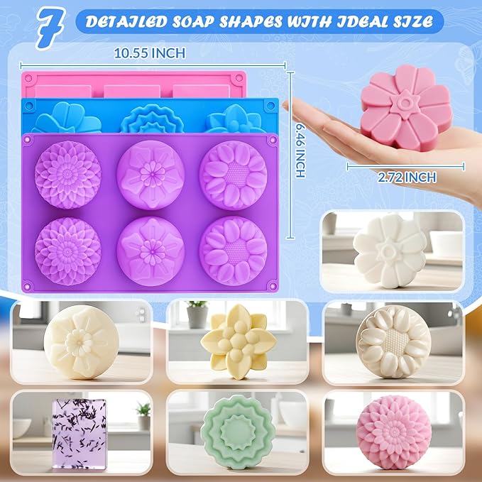 HKNMTT Square Flower Rectangle Bar Molds Silicone, 7 Shapes for Chocolate Soap Making Shower Steamer Homemade Bath Bomb Lotion Shampoo Bar Dessert DIY Set Non-stick Craft Food Grade 3 Pack