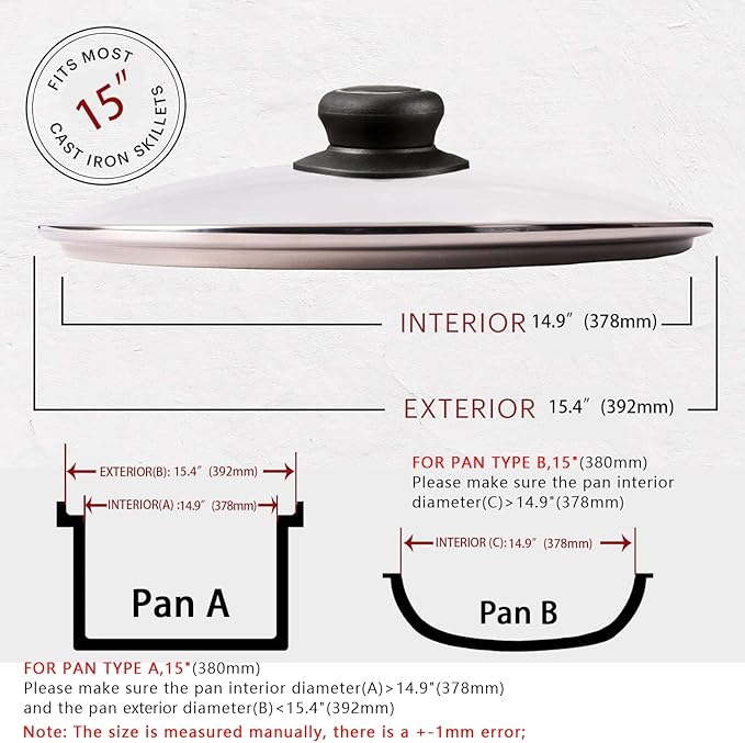 15.4 Inch Tempered Glass Lid Replacement Cover for 15.4" Cast Iron Skillets, Frying Pans and Wok, Clear