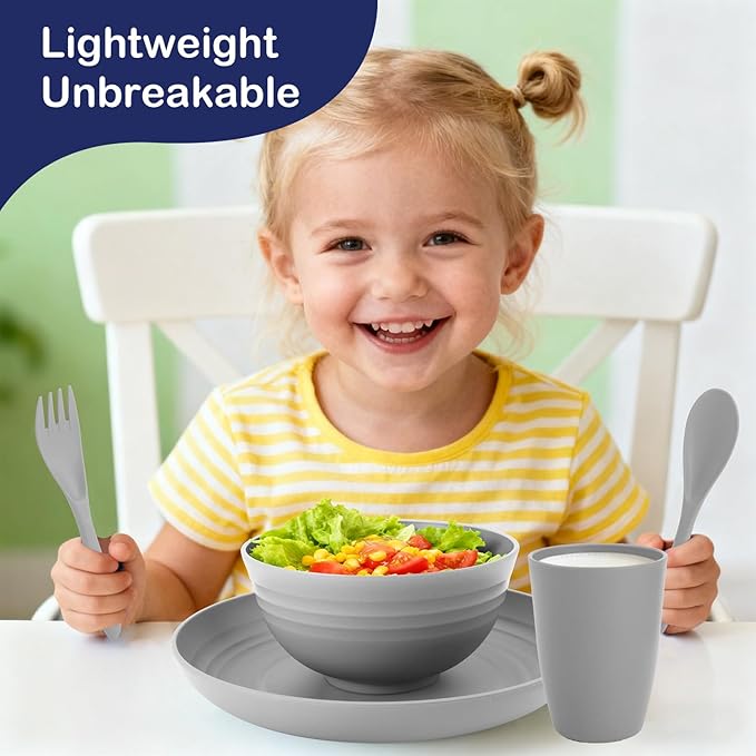 Wheat Straw Dinnerware Sets, 20 PCS Service for 4, Dishwasher & Microwave Safe Kids Plates and Bowls Sets, Unbreakable Lightweight Outdoor Camping Dishes - Gray