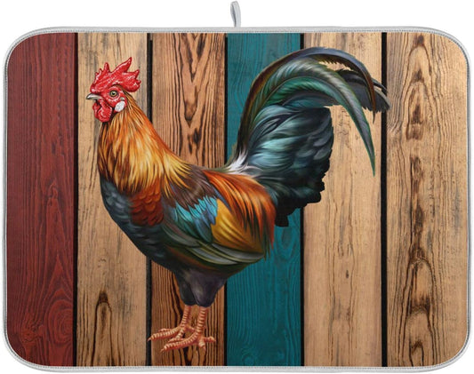 Rooster Dish Drying Mat for Kitchen Counter Farmhouse Absorbent Microfiber Drying Pad, Large 18x24 in, Reversible Drainer Mats