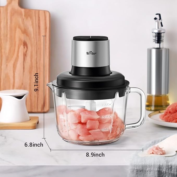 Bear Food Processor, Electric Food Chopper with 8 Cup/2L Handheld Glass Bowls, No-Hole 4 Bi-level Stainless Steel Blades for Easy Cleaning, 2 speed 400W Power Motor Grinder for Meat, and Baby Food