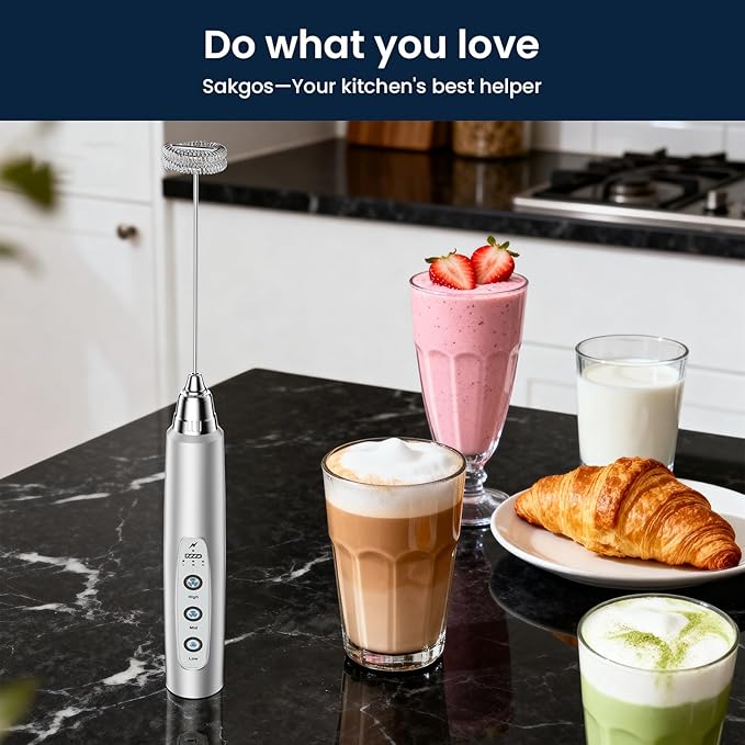 Sakgos Milk Frother Rechargeable Handheld-Electric Whisk 3 Speed Adjustable, Coffee Frother Wand with 3 Stainless Whisks, Electric Foam Maker, Drink Mixer Blender for Latte Cappuccino Matcha Egg