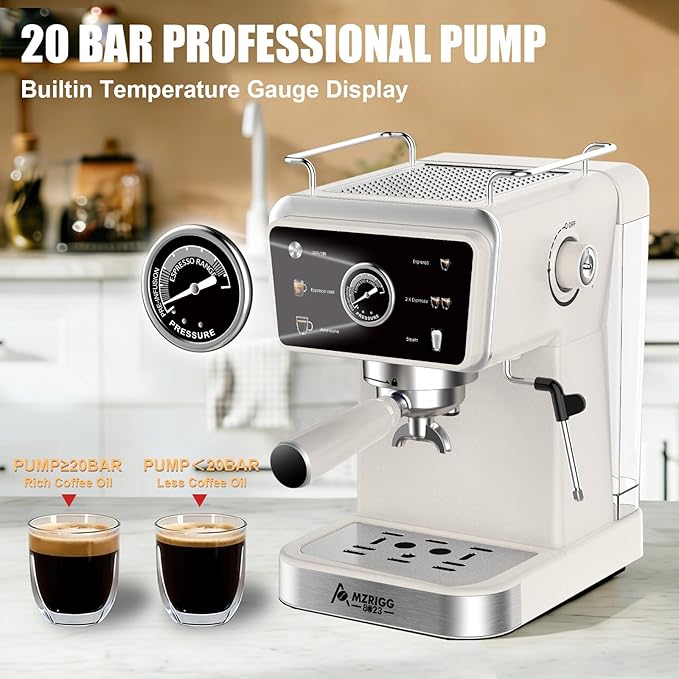 20 Bar Semi-Automatic Espresso Machine, 1350W Fast Heating, 1.5L Removable Water Tank, Milk Frother Steam Wand, Cup Warmer, White, for Home/Office, Coffee Beginners & Baristas
