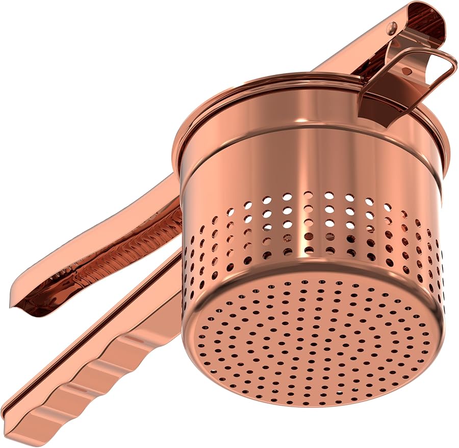 Livilord Large 15oz Potato Ricer, Heavy Duty Stainless Steel Ricer for Mashed Potatoes, Sweet Potato Masher Kitchen Tool with Ergonomic Handle, Press and Mash Kitchen Gadget, Rose Gold