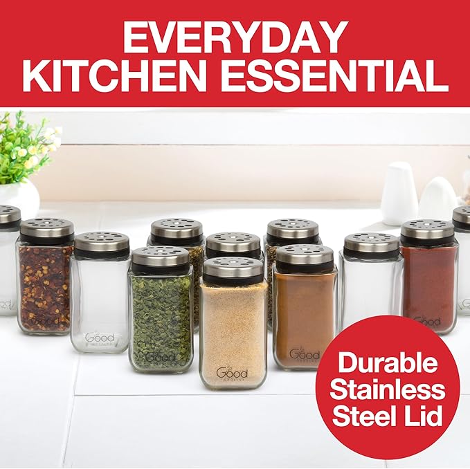 Adjustable Glass Spice Jars (Set of 6) with 6 Pouring Sizes- Stainless Steel Lid/Cap- Square Seasoning Bottle Containers for Minimalist Kitchen Pantry Storage Organization- Fill Shaker w Salt Pepper