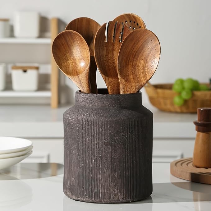 Farmhouse Ceramic Farmhouse Kitchen Utensil Holder for Countertop, Rustic Cooking Utensil Holder Crock Fit for Kitchen Counter. 6.1 x 6.1 x 7 IN