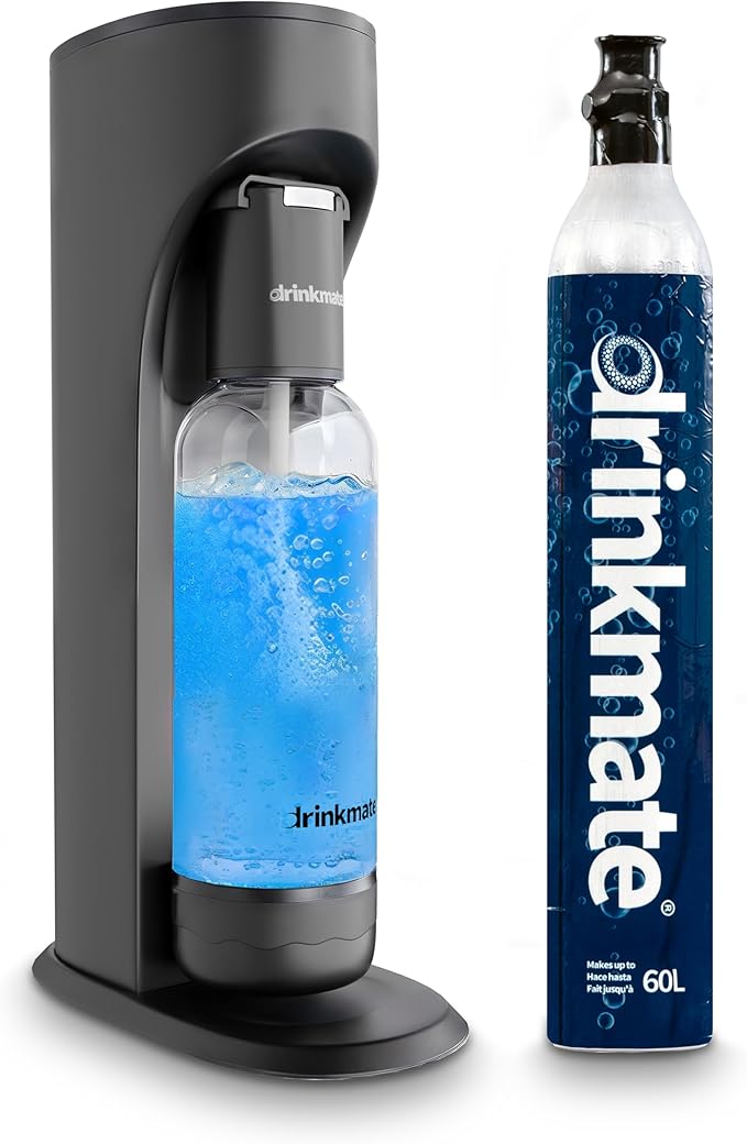 Drinkmate OmniFizz Sparkling Water Maker & Soda Streaming Machine | Carbonates Any Drink | STARTER KIT | Includes One 60L CO2 Cartridge + One BPA-Free Bottle (Matte Black)