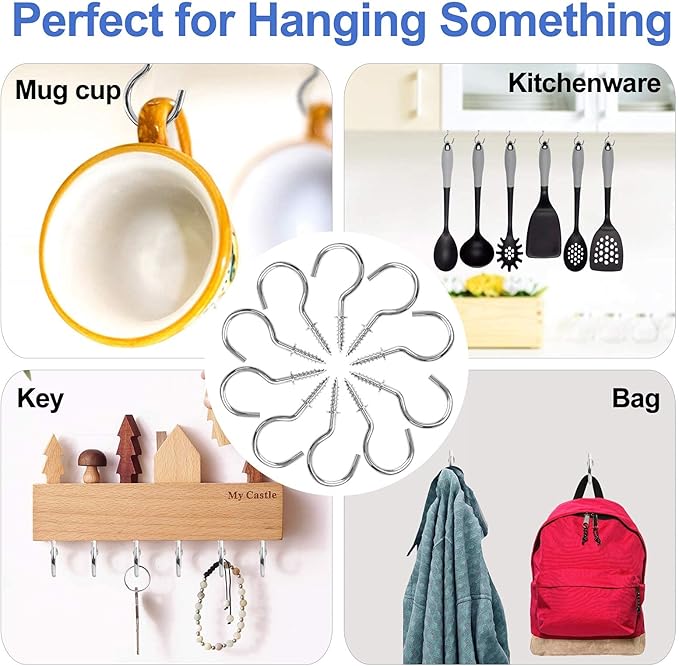 Screw Hooks, 75PCS Sliver Cup Hooks, Small Screw in Hook for Wood, Metal Srew in Hook for Hanging Mug Key and Garden Lights(6 Sizes)