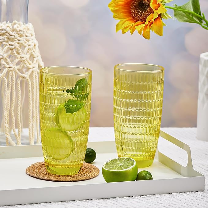 CREATIVELAND Highball Beverage Glasses Set of 6 Romantic Colored Thick & Heavy Base Big Capacity 14.87oz|440ml, Drinking Glass Tumblers for Iced Tea, Water, Soda & Juice and Cocktails (Yellow)