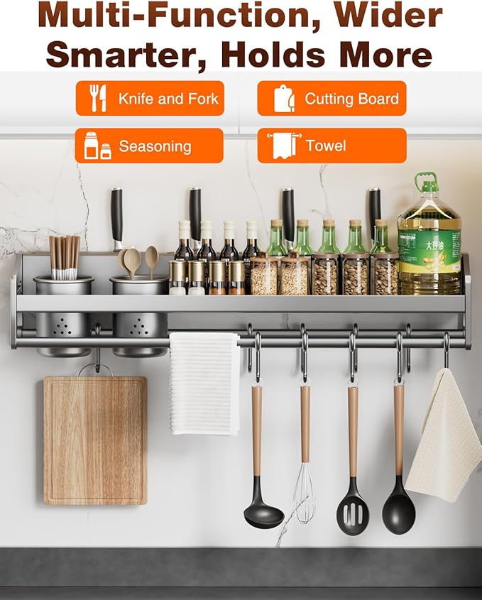 utensil hanger, wall mounted kitchen rail with hooks, waterproof hooks for kitchen utensils, easy installation without drilling (19.7 inches, Cup, 1)