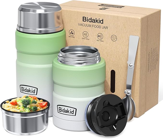 Insulated Food Jar Set – 25.4oz & 17oz Stainless Steel Containers with Folding Spoon and Carrying Bags – Leak-Proof, Keeps Food Hot or Cold for up to 12 Hours – Ideal for Work, School, Travel