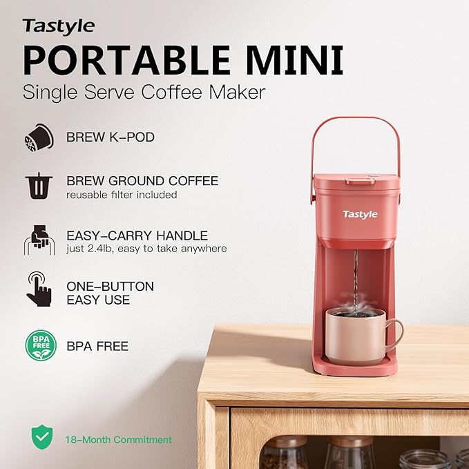 Tastyle Single Serve One Cup Coffee Maker, for K Cups and Grounds, Mini Coffee Maker with Portable Handle, 6 to 12 Oz Brew Size, for Travel, Camping, Office, RV and Dorm, 120V, Salmon Pink