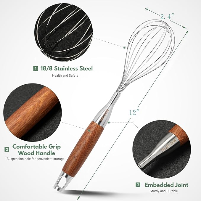 Stainless Steel Whisk for Cooking Wooden Handle Kitchen Non Stick Balloon Wire Metal Baking Whisk Egg Beater for Blending, Whisking Beating Stirring, 12inch (Wooden Handle)