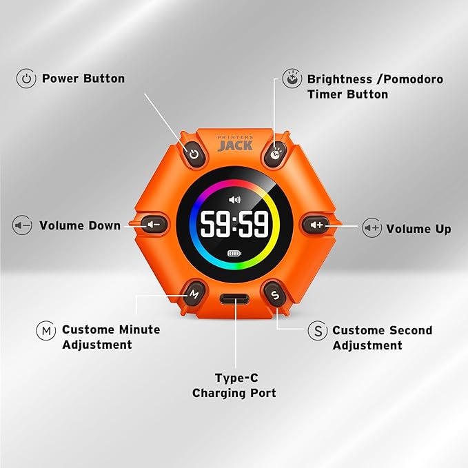 Printers Jack, Productivity Cube Timer, Visual Pomodoro Timer, Mute & Vibration & Adjustable Sound Alert, for Office, ADHD, Study, Work, 3/5/10/25/30/60min & Custom Countdown - Orange