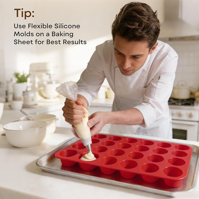 Silicone Muffin Pans for Baking Nonstick 2 Pcs, 24 Cup Mini Cupcake Pan, Food-Grade Silicone Baking Molds for Cupcakes, Freezer, Red