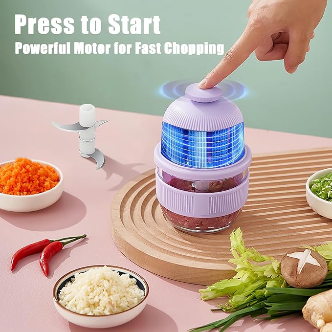 Cordless Food Processor, 350ml Glass Bowl Mini Garlic Chopper Wireless, Battery Operated Electric Food Chopper, Small USB-C Rechargeable Vegetable Meat Blender Grinder, Mixer, Mom's Gift (Purple)