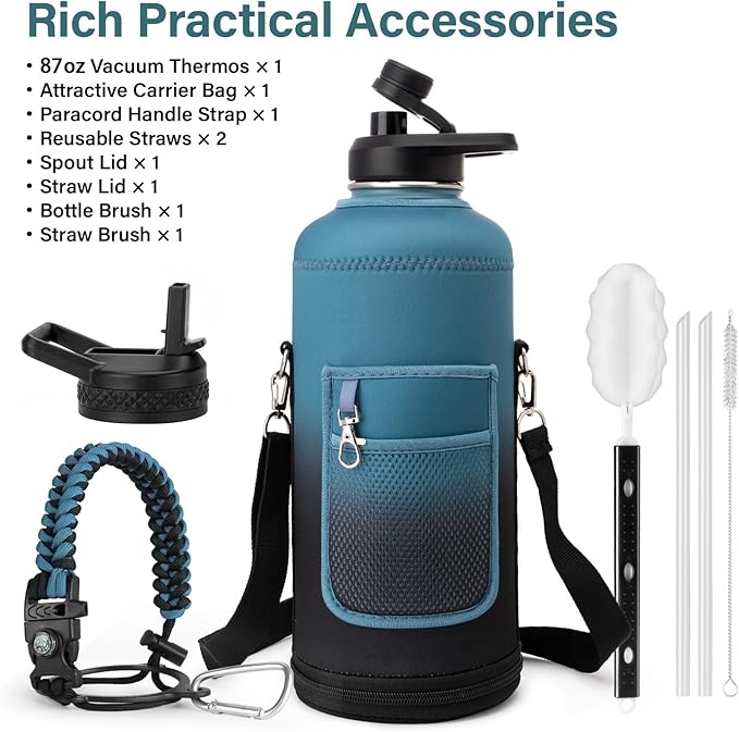 DYSANKY Insulated Water Bottle | Thickened Stainless Steel for Gym and Hiking with Straw, Carrier Bag, Handle Strap | BPA-Free 87 oz