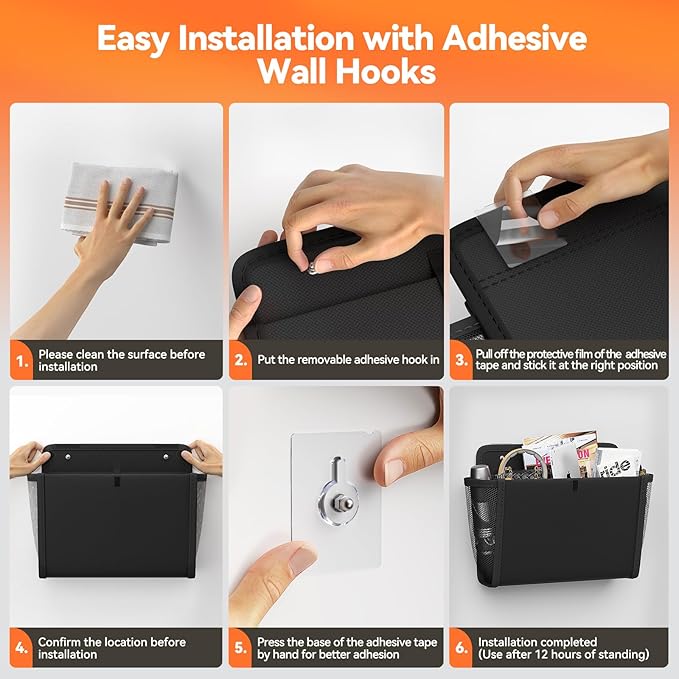 2 Pack Wall Hanging Storage Organizer, Wall Pocket Hanging Bag with Large Pockets & Sticky Adhesive Tape Wall Mounted Storage Door organizer for RV Camper Kitchen Office Black