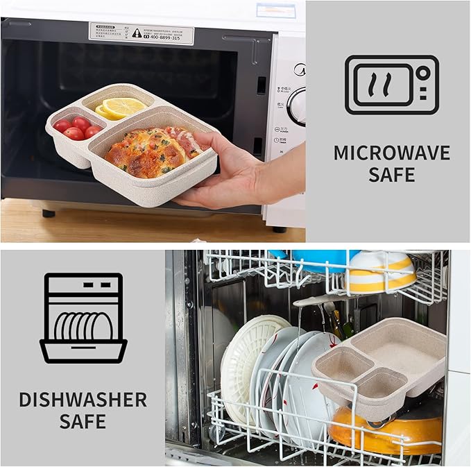 buluker 8 Pack Bento Lunch Box Set 3 Compartment Wheat Straw Meal Prep Food Storage Containers Plastic, Microwave and Dishwasher Safe(light colour)