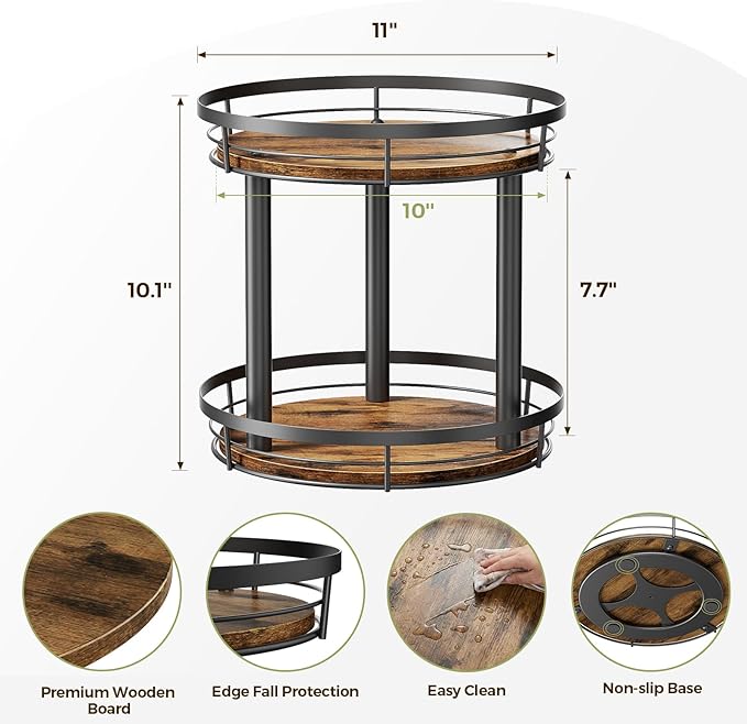 LAMU 2 Tier 9'' Lazy Susan Turntable Organizer for Cabinet and 10'' Wood Lazy Susan Spice Rack