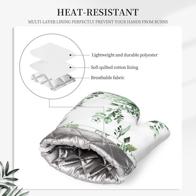 Olive Green Eucalyptus Oven Mitts and Pot Holders Set, 4pcs Silicone Watercolor Plant Leaves with Floral Oven Glove for Kitchen Heat Resistant Oven Mitts and Potholders Non-Slip for Cooking