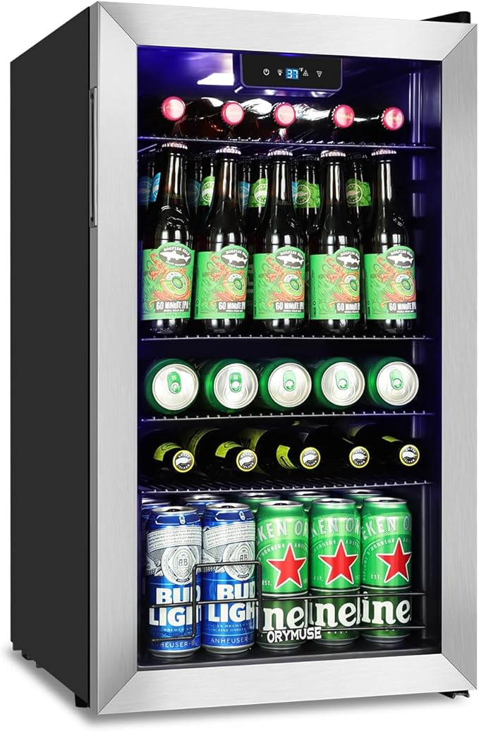 ORYMUSE 3.2 Cu.Ft Beverage Refrigerator, 130 Can Mini Fridge with Glass Door & Digital Temperature Control, Compressor Cooling Freestanding Cooler for Soda, Beer, Wine, Home, Office & Bar - Silver