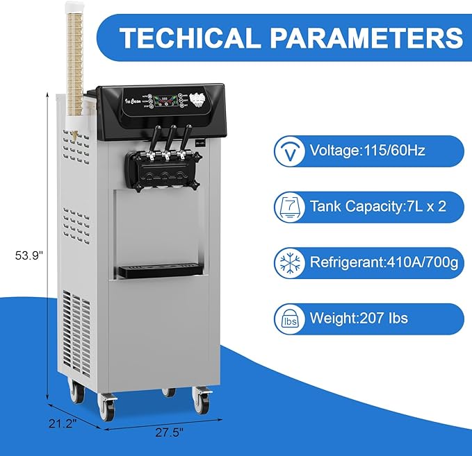 PioneerWorks Commercial Ice Cream Machine, 20-28L/H Yield, 2200W 7L X 2 Capacity, LCD Display, Auto Clean Adjustable Hardness 3 Flavor for Restaurant Snack Bars