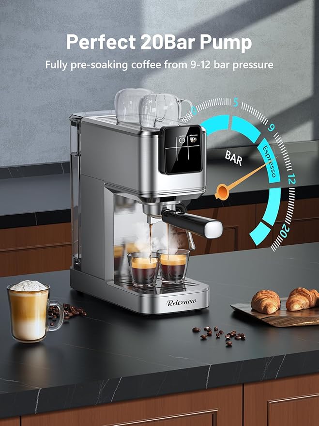 RELEXNOW Espresso Machine, 20 Bar Espresso Maker Milk Frother & LCD Panel, Hot & Iced with Rapid Cold Brew, Stainless Steel Espresso Coffee Machine with 41oz Water Tank for Cappuccino, Latte