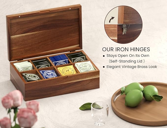 Acacia Wood Tea Bag Organizers, Tea and Sugar Packet Storage Chest with Lid, Wooden Teabag Holder Containers,Tea Box with 8 Compartments