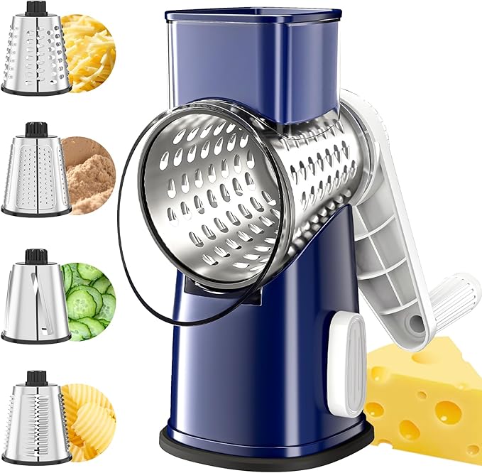 VEKAYA Cheese Grater, Cheese Grater Hand Crank, 4 Interchangeable Blades Cheese Shredder, Vegetable Slicer, Non-slip Suction Base, Easy to Clean Rotary Grater with Handle (Blue)