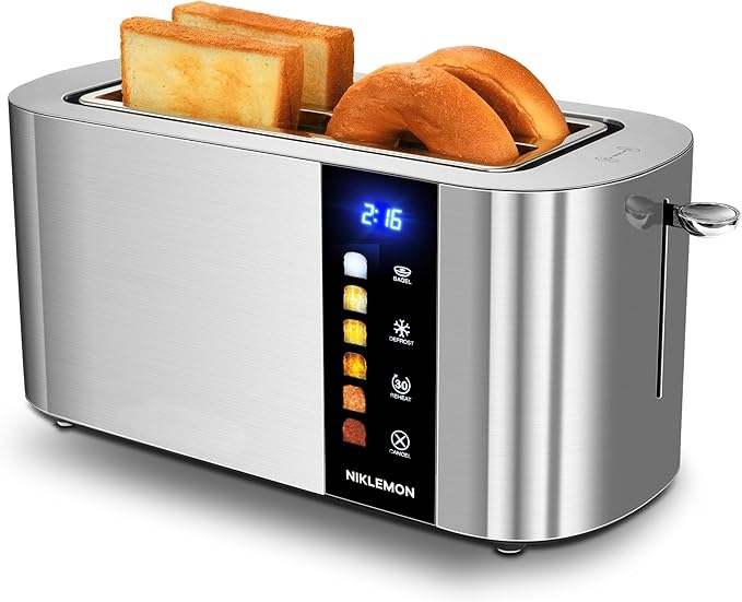 4 Slice Toaster, NIKLEMON Full Stainless Steel Toaster with LED Display, Touch Buttons with Long Extra Wide Slots, Bagel, Defrost, Reheat, Cancel Functions, Removable Crumb Tray, 1300W