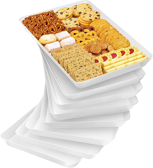SpaceTrove 8-Pack Serving Tray Set, Reusable Plastic Serving Platter for Party Supplies, Entertaining, Grilling Accessories, Stackable Kitchen Snack Box Container for Dessert, Fruit, Cookie, (White)