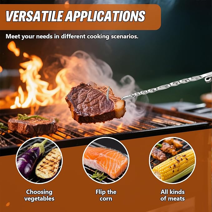 Stainless Steel Meat Hook Flipper, Handmade BBQ Turner Hooks, BBQF Turner Hooks, Flips Cooking Hooks for Grilling Smoking Frying (Stainless Steel - B)