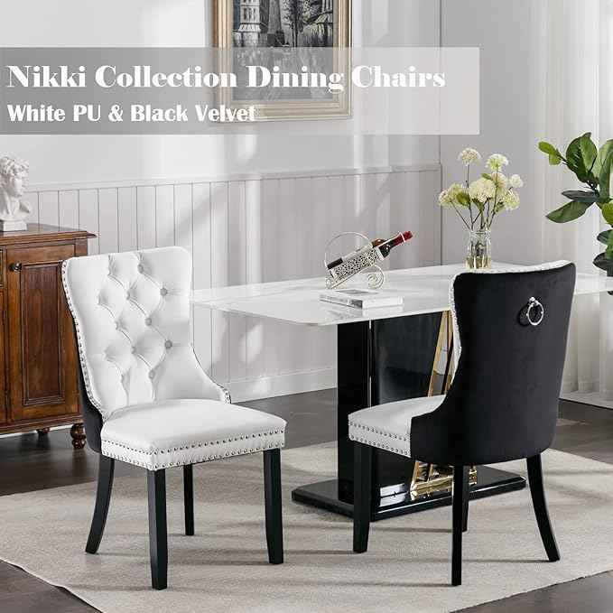 Dining Chairs Set of 2, Upholstered Dining Room Chairs with Back Ring Pull Trim and Solid Wood Legs, Modern Tufted Kitchen Chairs Perfect for Dining Room, White Pu Leather Splicing Black Velvet