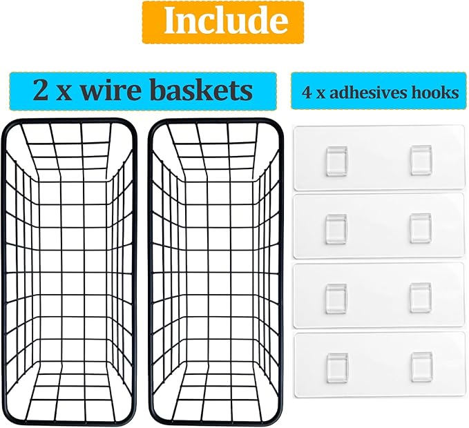 2 Set Adhesive Hanging Wall Basket Inside Cabinet Door Organizer,Wall Storage Basket-No Drilling Adhesive wall Basket for Cupboard Door,Space-Saving Small Hanging Baskets for Wall Mount Storage,Black