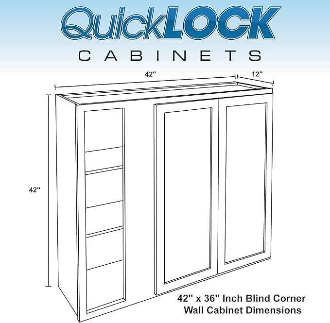 Quicklock RTA (Ready-to-Assemble) 42" Tall Wall Kitchen Cabinets - Shaker Style | 100% Hardwood | Made in America | Soft Close Hardware (12" D x 42" W x 42" H Blind Corner, Raw Maple)