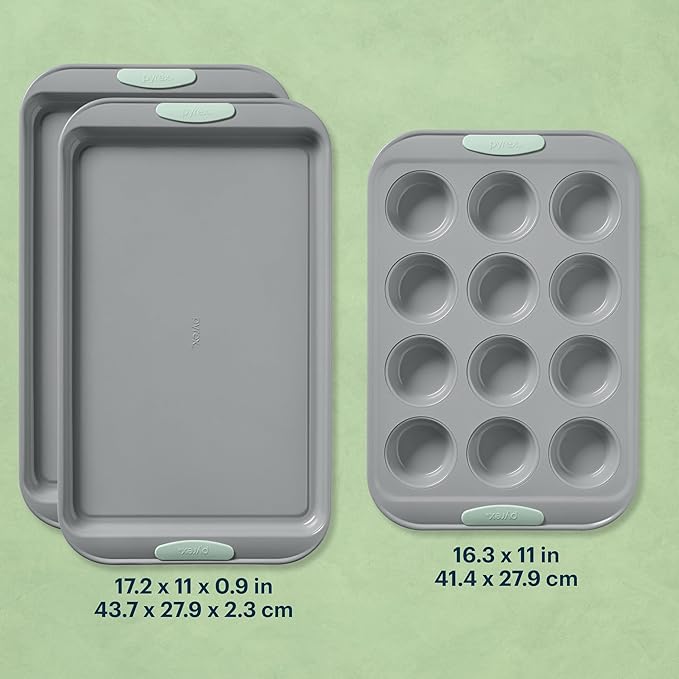 Pyrex (3-Piece) Metal Cookie & Muffin Sheet Bakeware Set, Lightweight Stainless Steel Baking Trays with Heatsafe Silicone Handles, Cookie Muffin Sheet Baking Pan, Sage